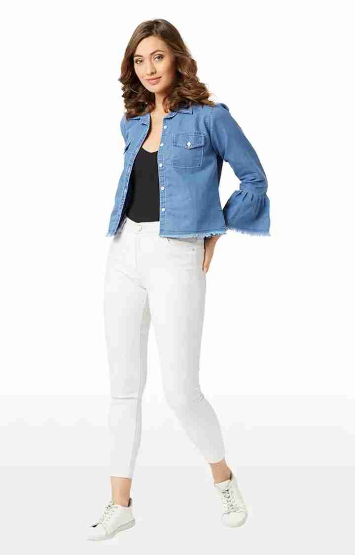 Women's Blue Denim SolidCasualwear Denim Jackets