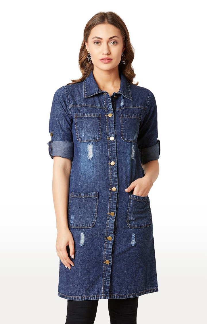 MISS CHASE | Women's Blue Denim RippedCasualwear Denim Jackets