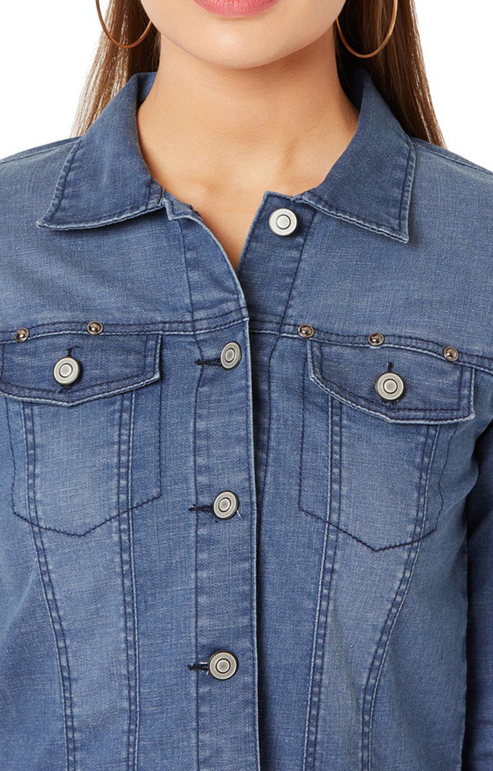 Women's Blue Denim SolidCasualwear Denim Jackets