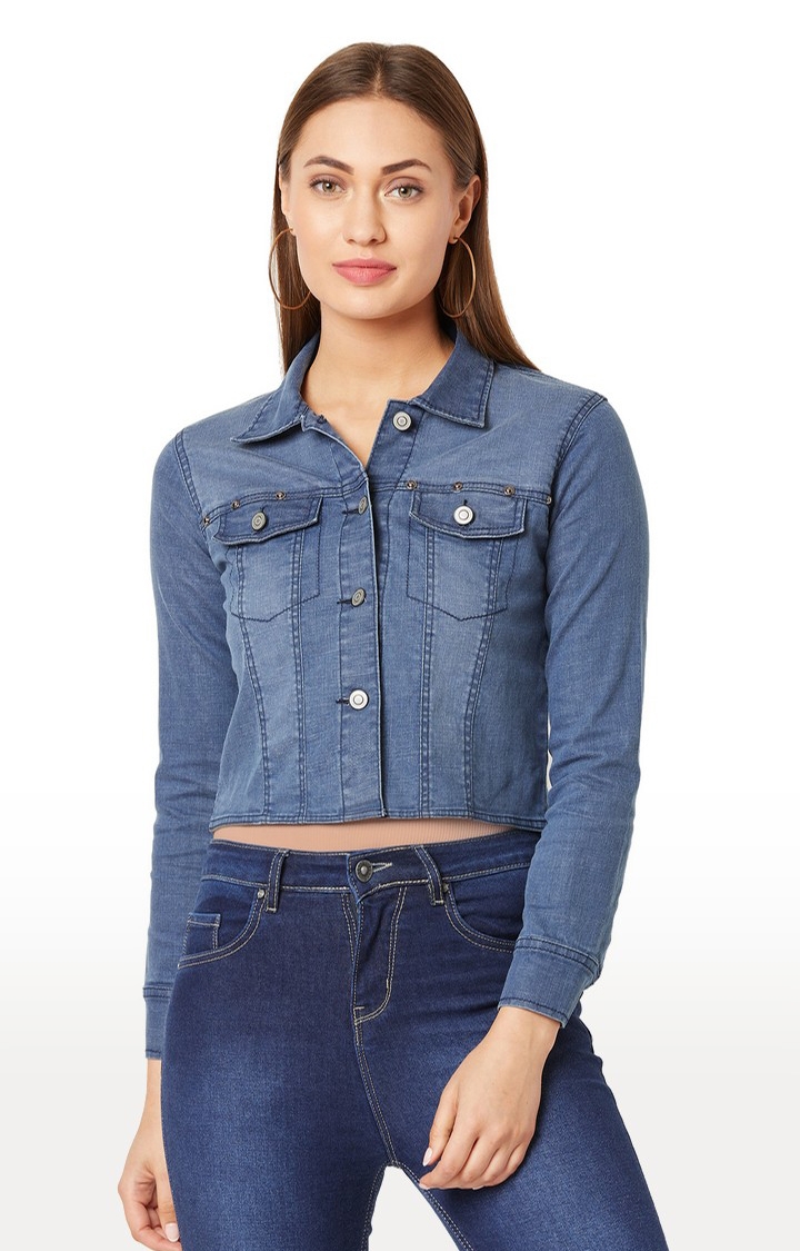 Women's Blue Denim SolidCasualwear Denim Jackets