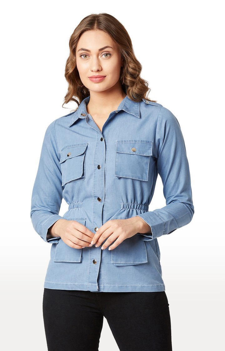 Women's Blue Cotton SolidCasualwear Denim Jackets