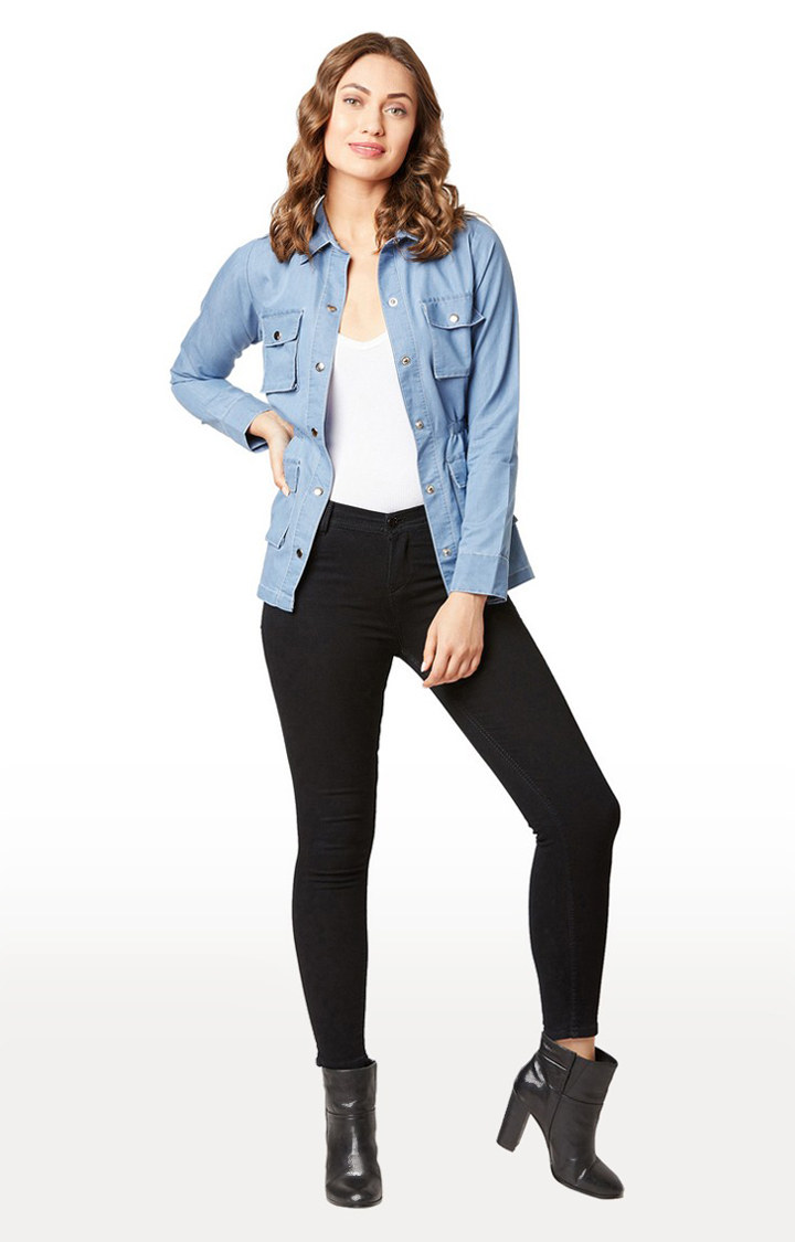Women's Blue Cotton SolidCasualwear Denim Jackets