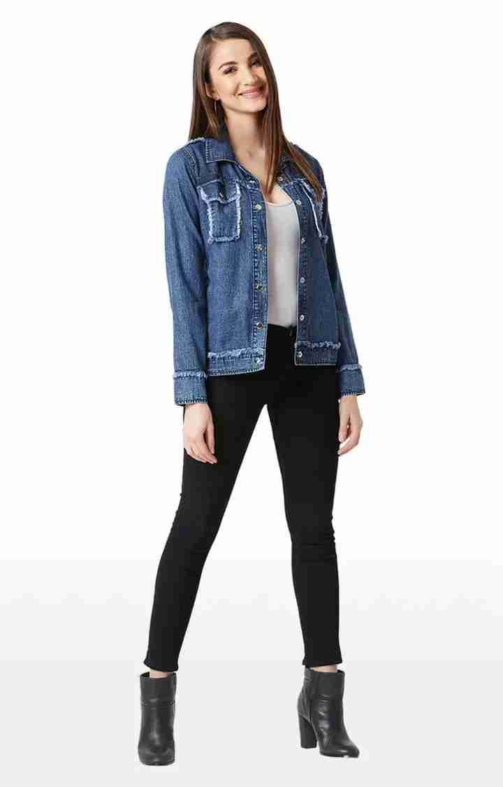 Women's Blue Cotton SolidCasualwear Denim Jackets