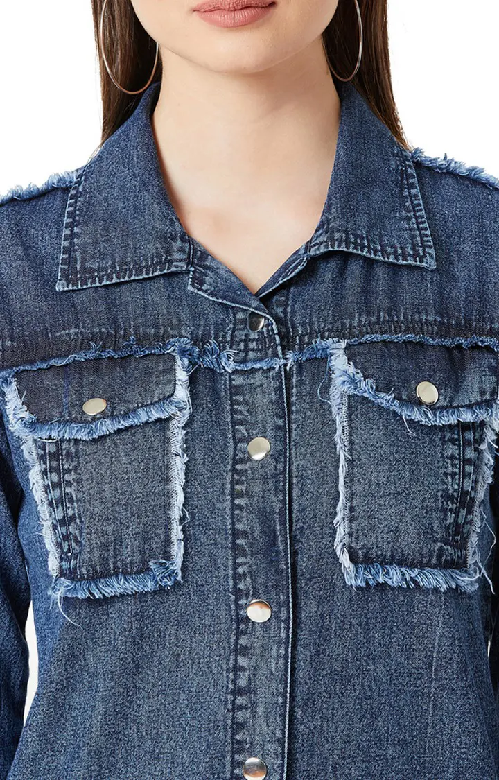 Women's Blue Cotton SolidCasualwear Denim Jackets