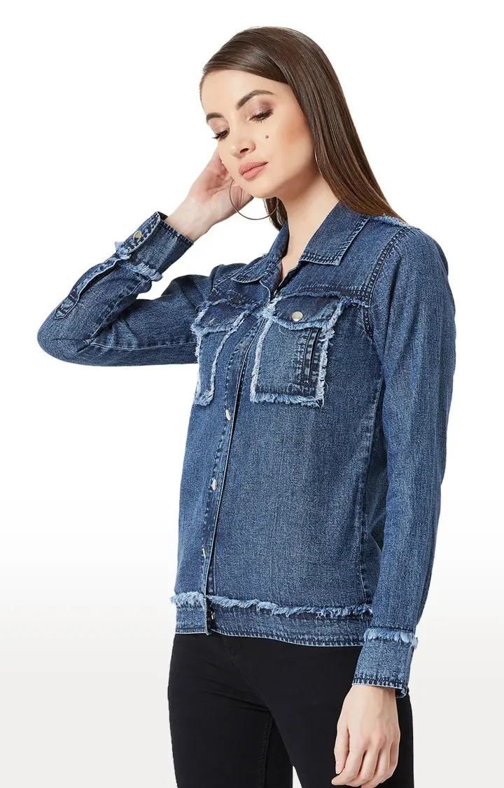 Women's Blue Cotton SolidCasualwear Denim Jackets