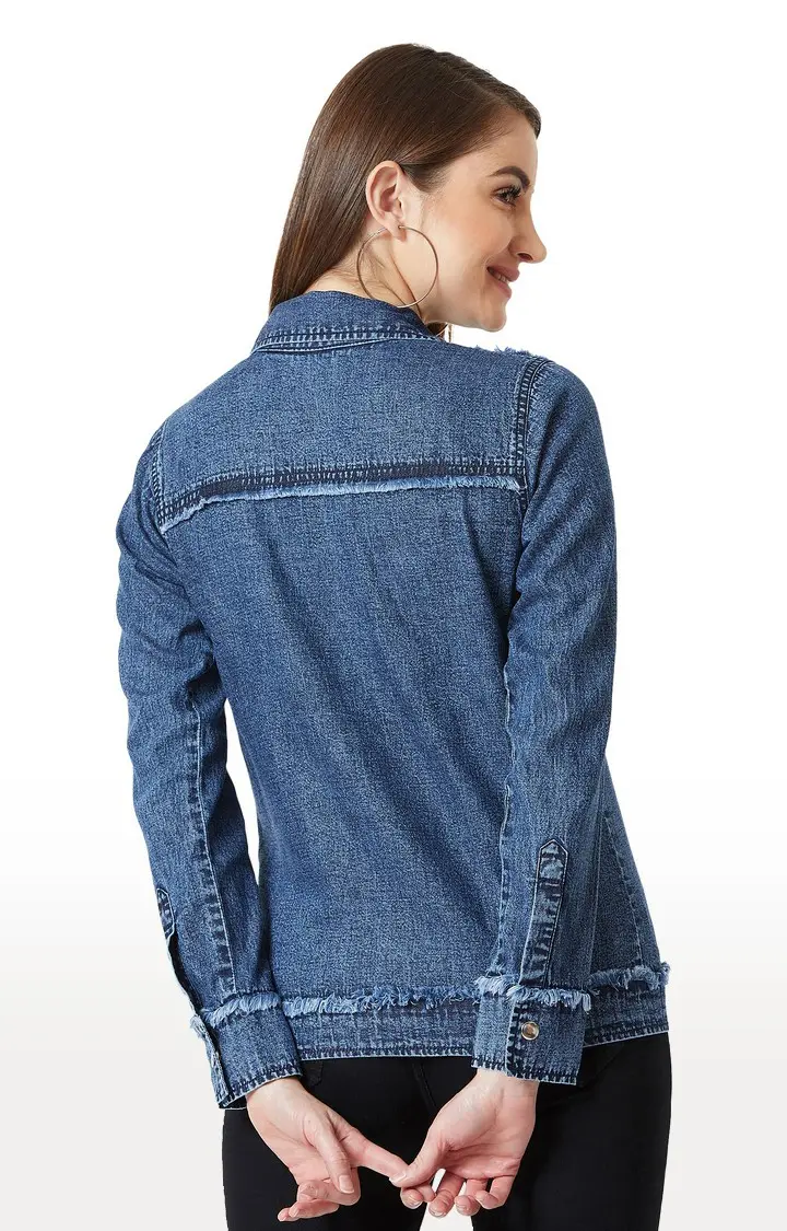 Women's Blue Cotton SolidCasualwear Denim Jackets