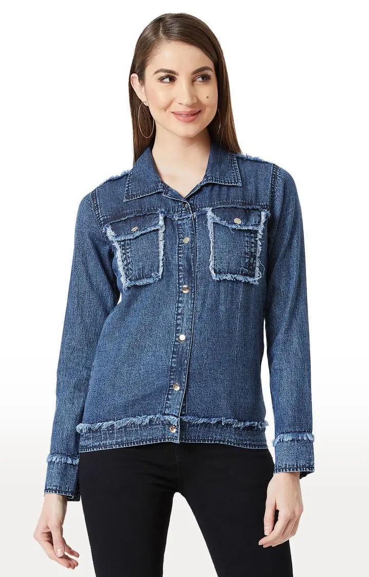 MISS CHASE | Women's Blue Cotton SolidCasualwear Denim Jackets