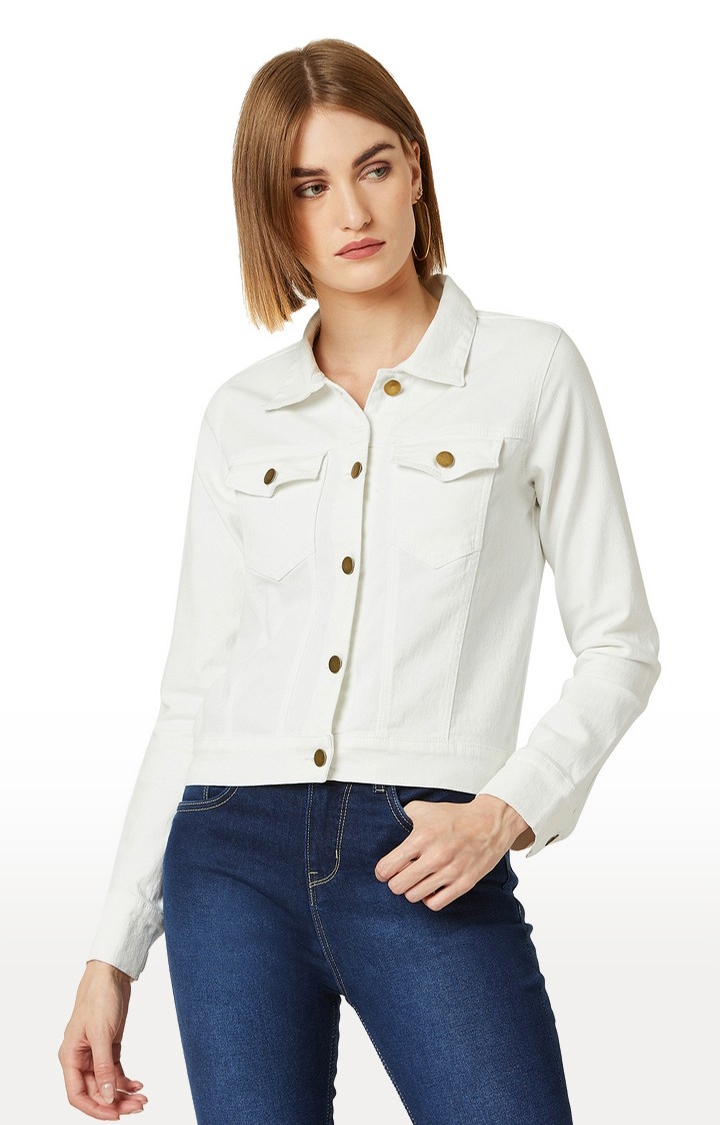 Women's White Solid Denim Jackets