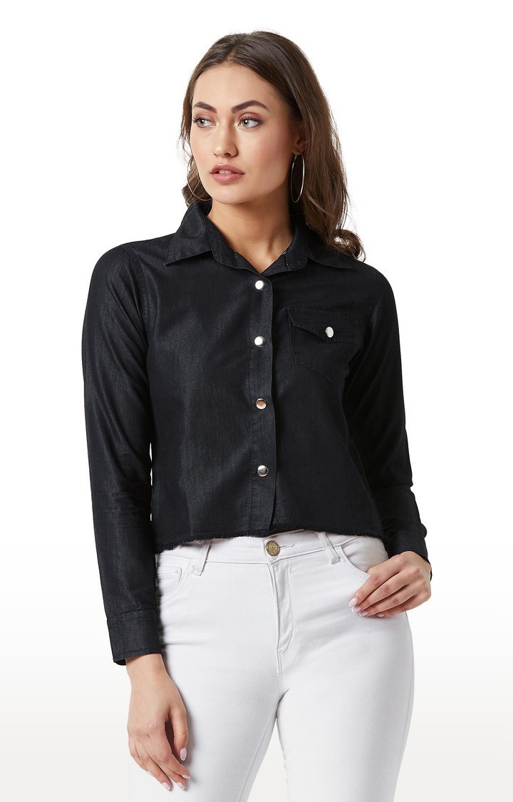 MISS CHASE | Women's Black Denim SolidCasualwear Crop Shirts
