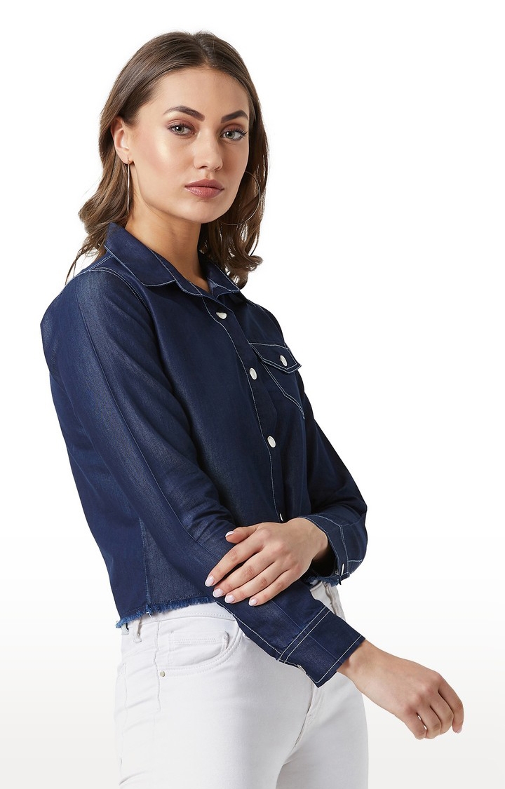 MISS CHASE | Women's Blue Solid Crop Shirts 2