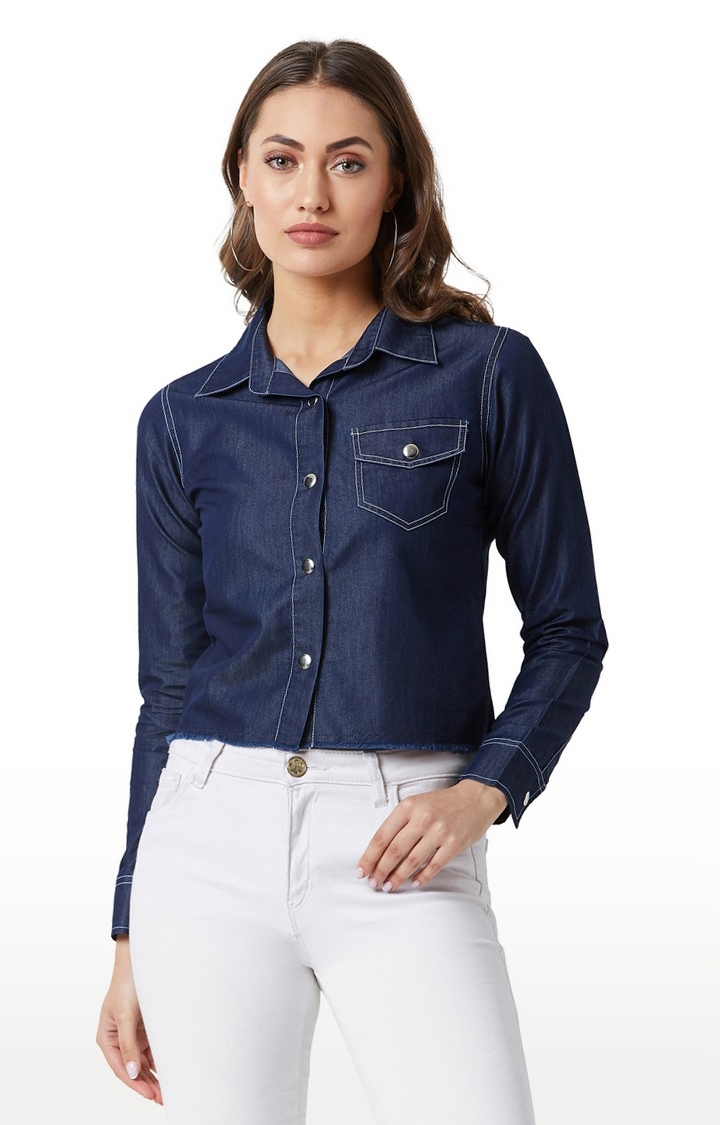 MISS CHASE | Women's Blue Solid Crop Shirts 0