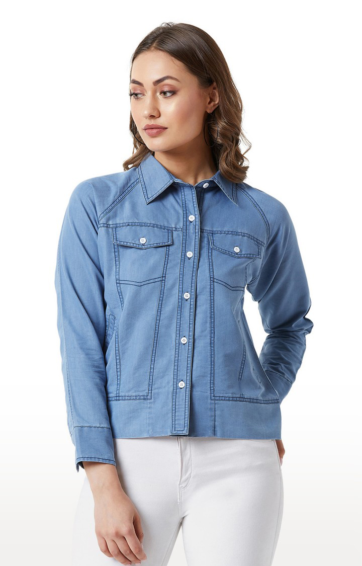 Women's Blue Denim SolidCasualwear Denim Jackets