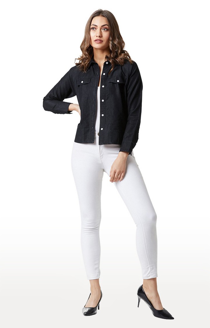 Women's Black Denim SolidCasualwear Denim Jackets