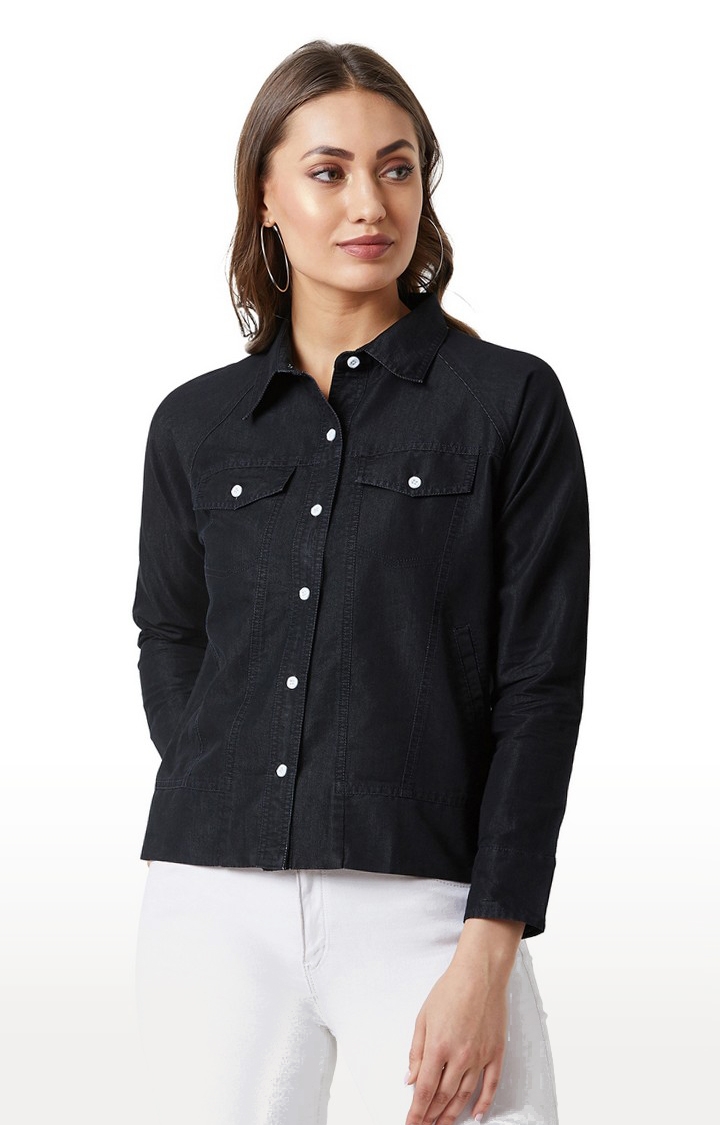 MISS CHASE | Women's Black Denim SolidCasualwear Denim Jackets