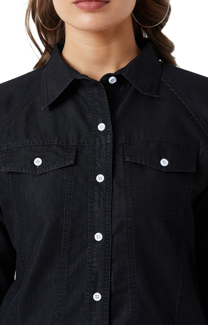 Women's Black Denim SolidCasualwear Denim Jackets