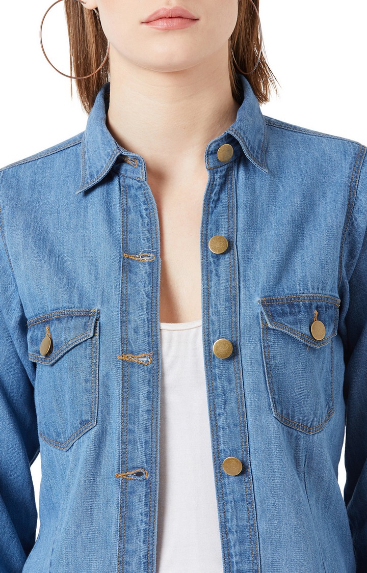 Women's Blue Denim SolidCasualwear Denim Jackets