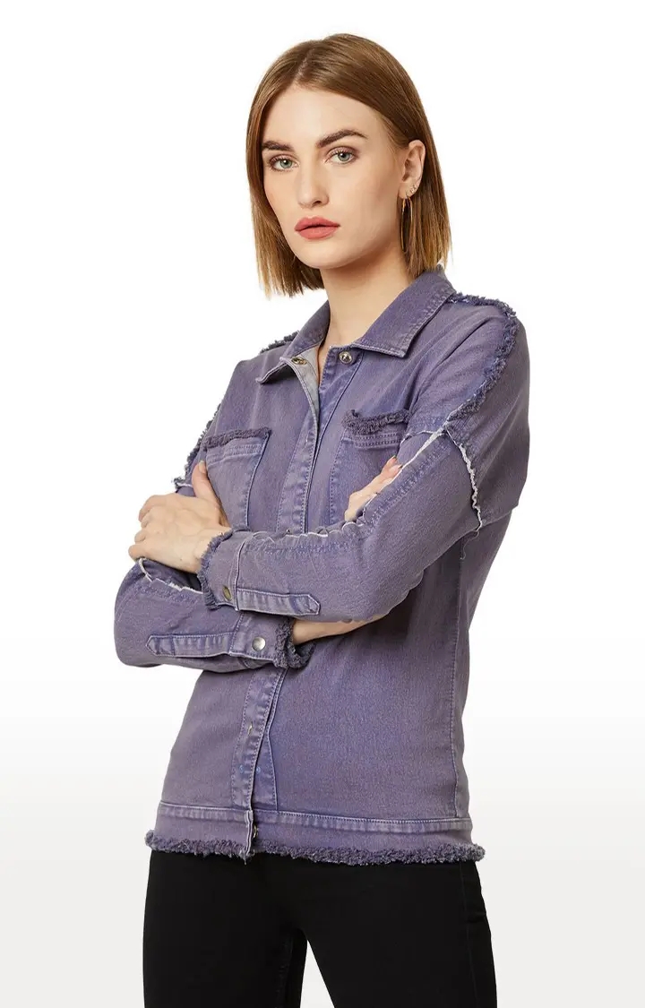 MISS CHASE | Women's Purple Solid Denim Jackets 2