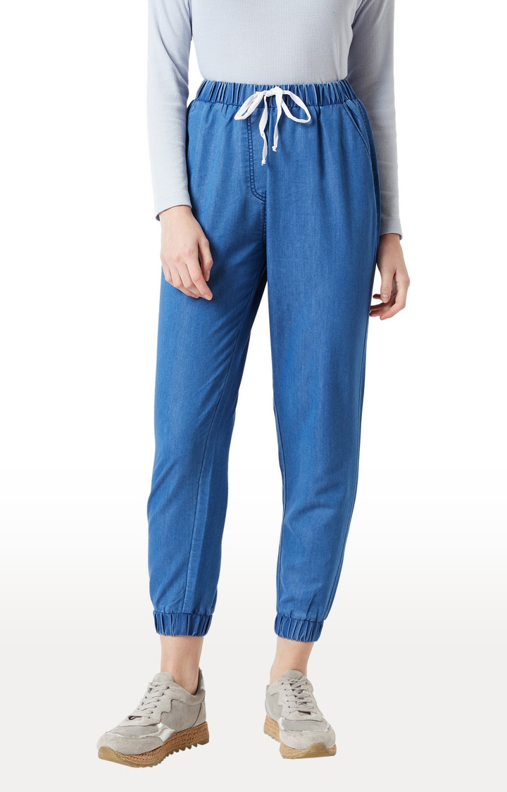 MISS CHASE | Women's Blue Solid Joggers Jeans