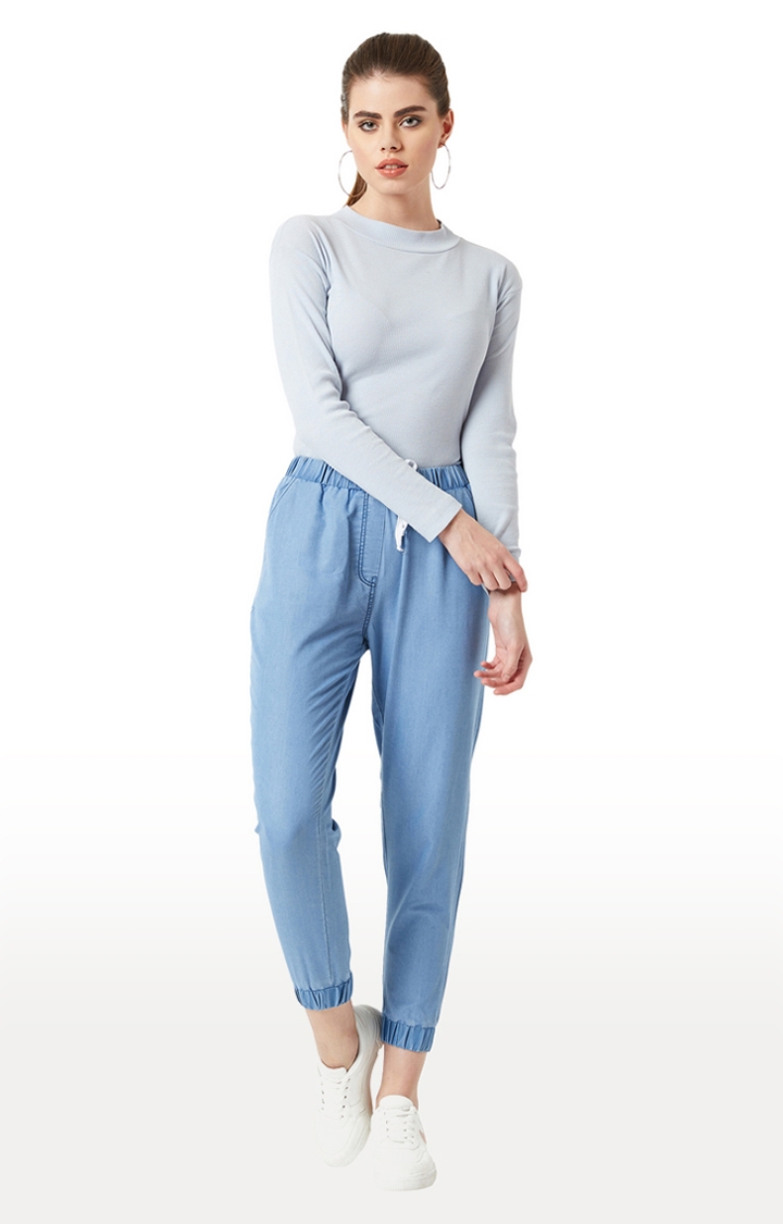 MISS CHASE | Women's Blue Solid Joggers Jeans 1