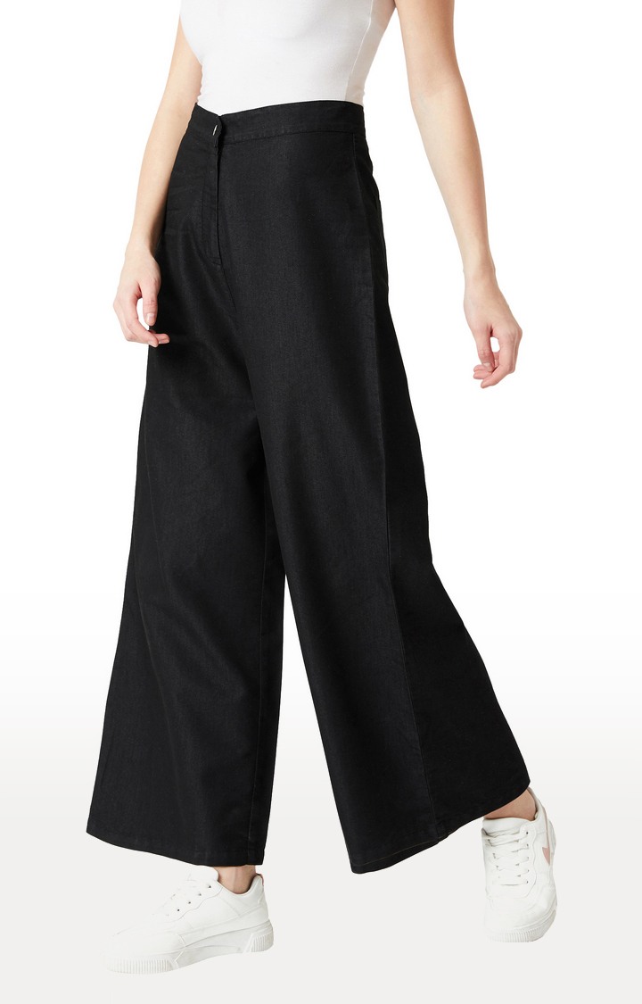 Women's Black Solid Wide Leg Jeans