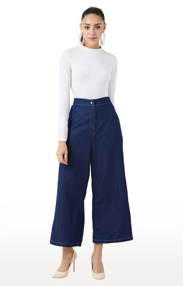 Women's Blue Solid Wide Leg Jeans