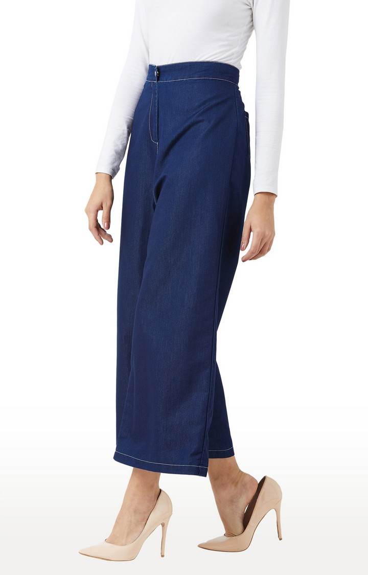 Women's Blue Solid Wide Leg Jeans