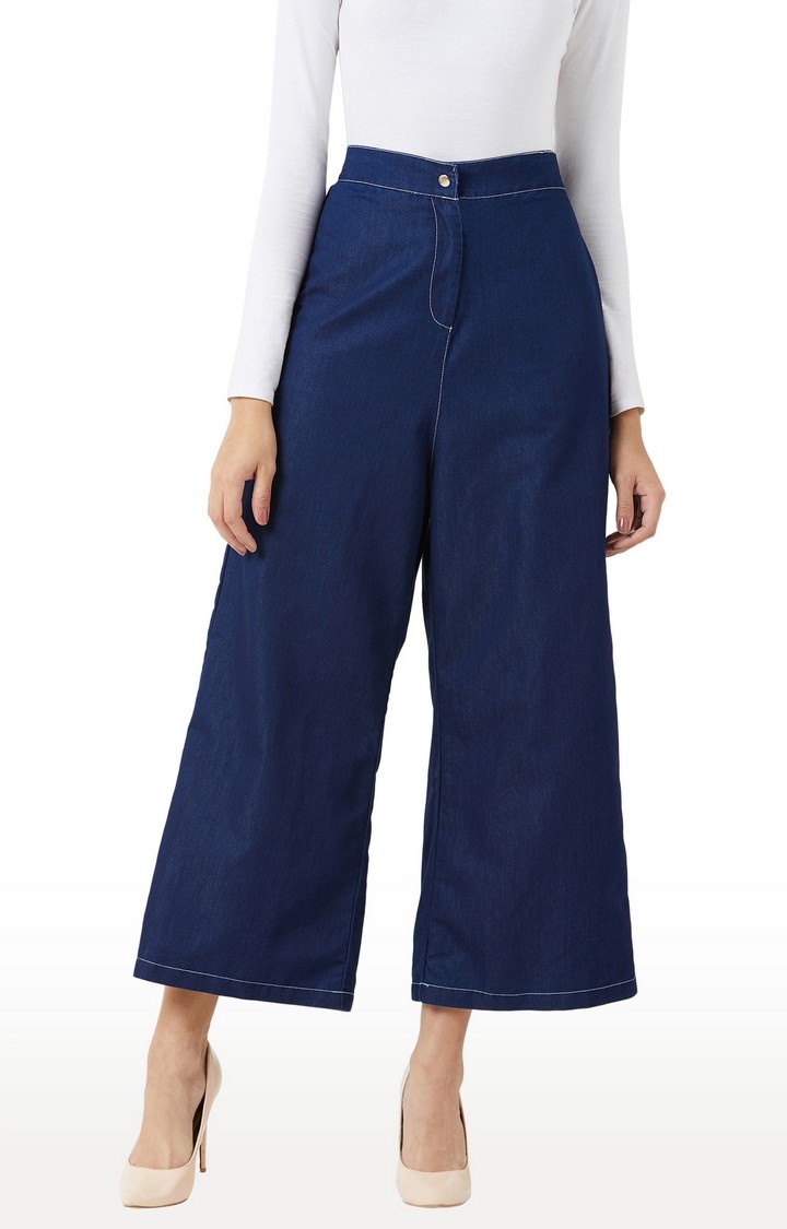 MISS CHASE | Women's Blue Solid Wide Leg Jeans