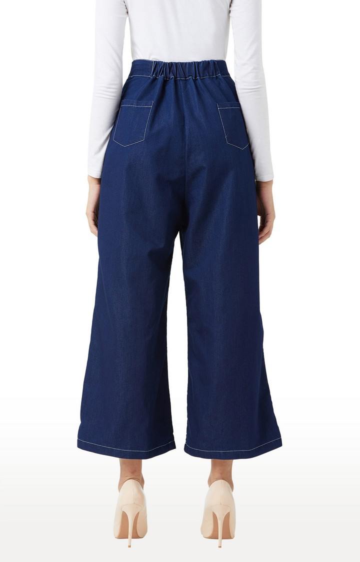 Women's Blue Solid Wide Leg Jeans