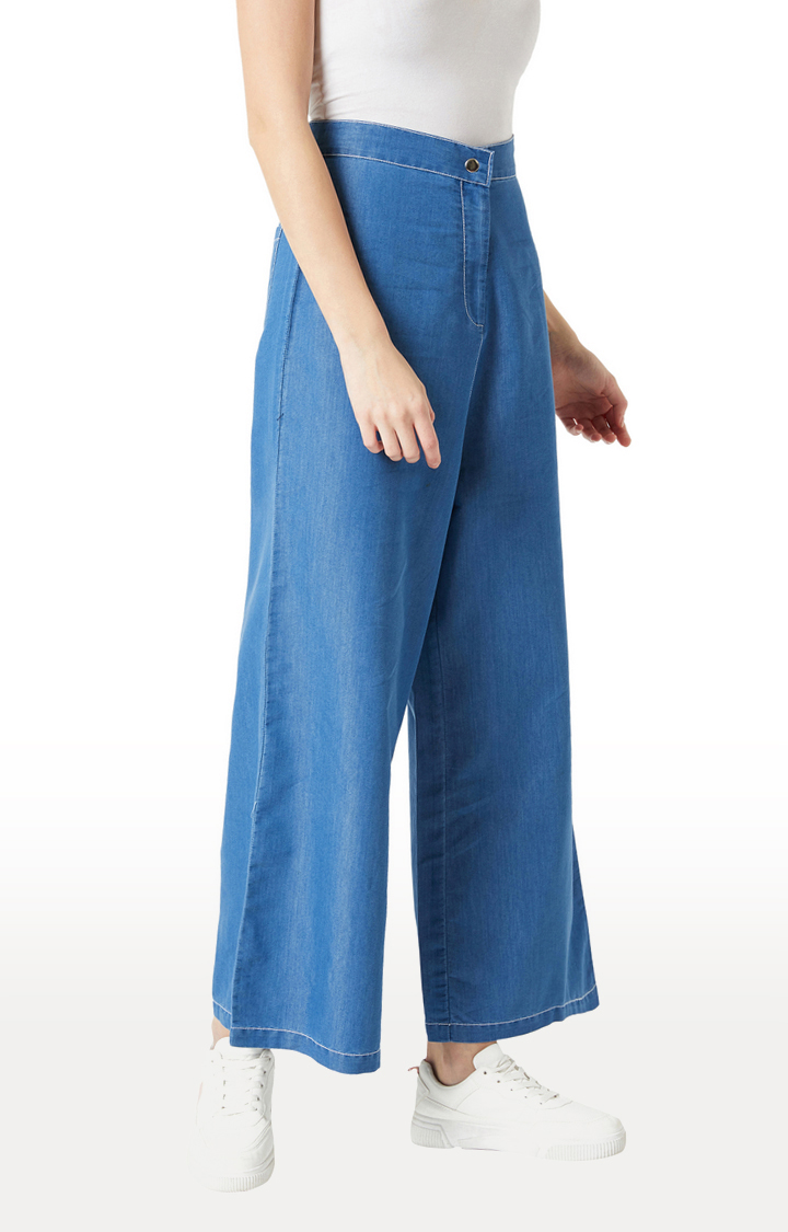 Women's Blue Solid Wide Leg Jeans