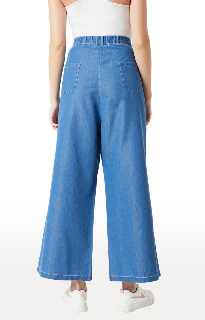 Women's Blue Solid Wide Leg Jeans