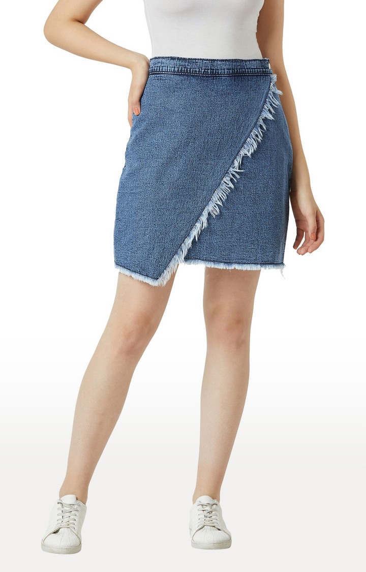 MISS CHASE | Women's Blue Solid Straight Skirt