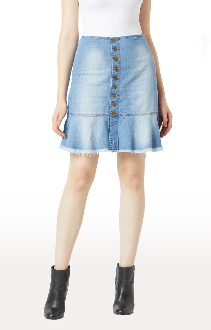 MISS CHASE | Women's Blue Solid Flared Skirt