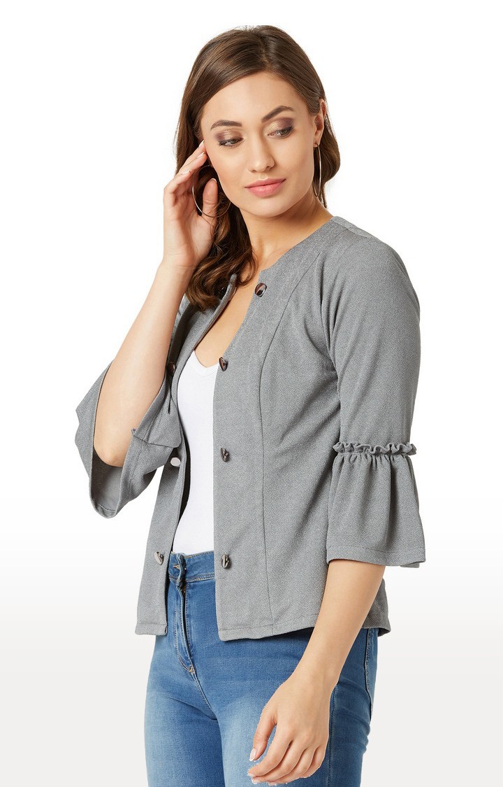 Women's Grey Polyester MelangeCasualwear Front Open Jackets