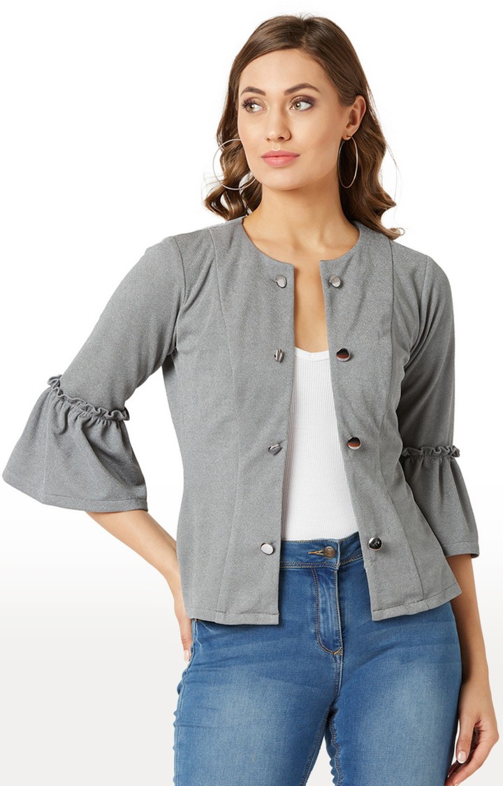 Women's Grey Polyester MelangeCasualwear Front Open Jackets