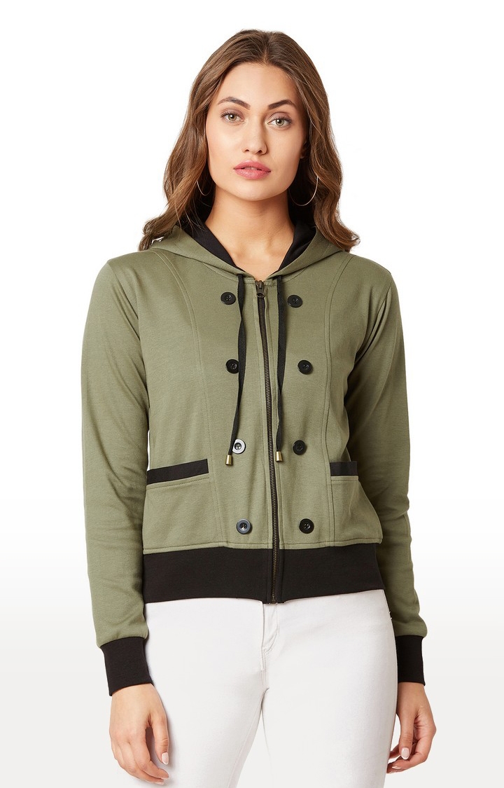 MISS CHASE | Women's Green Cotton SolidCasualwear Hoodies