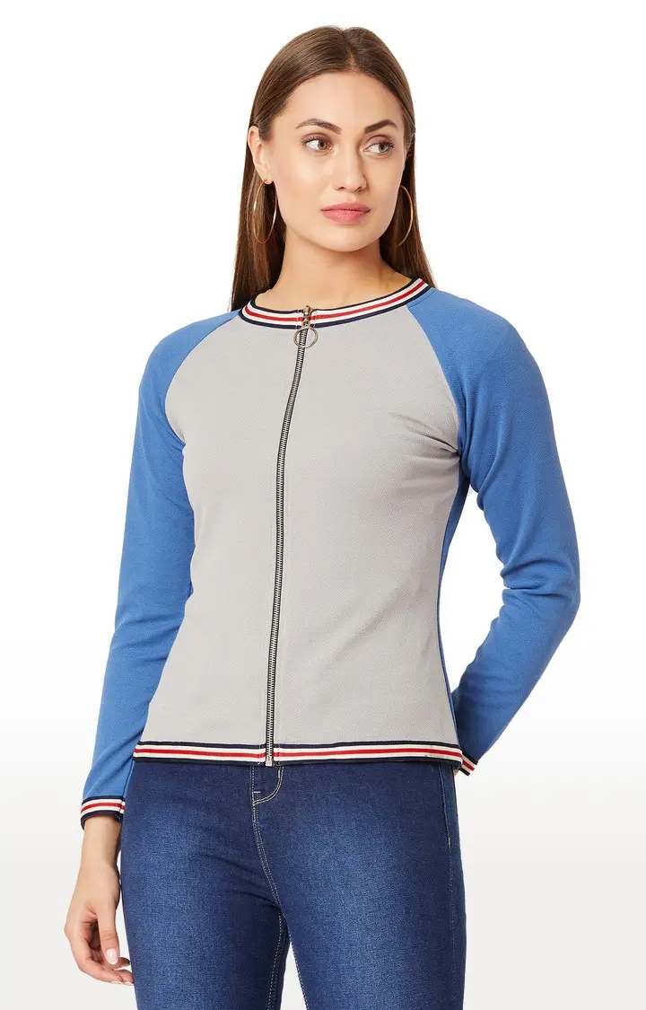 MISS CHASE | Women's Grey Polyester SolidCasualwear Varsity Jackets
