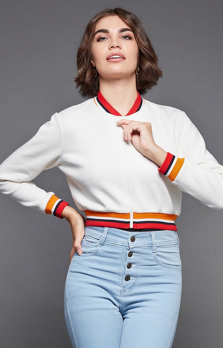 MISS CHASE | Women's White Polyester  Varsity Jackets