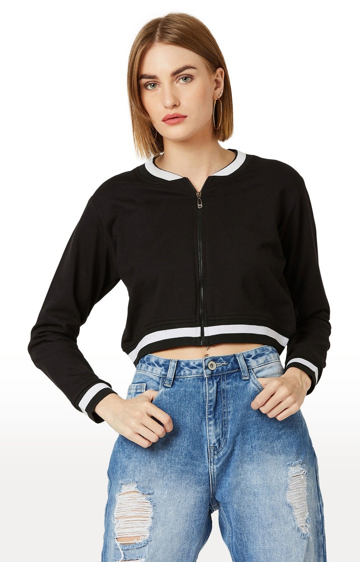 MISS CHASE | Women's Black Cotton SolidCasualwear Varsity Jackets