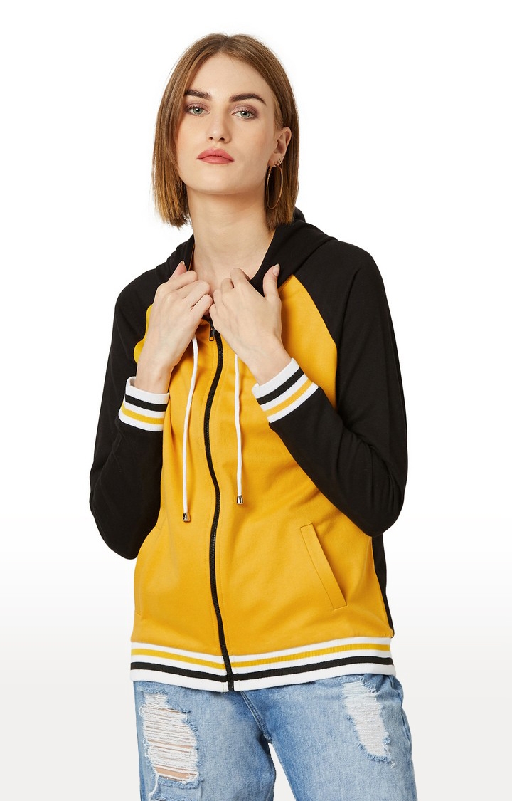 MISS CHASE | Women's Yellow Cotton SolidCasualwear Hoodies