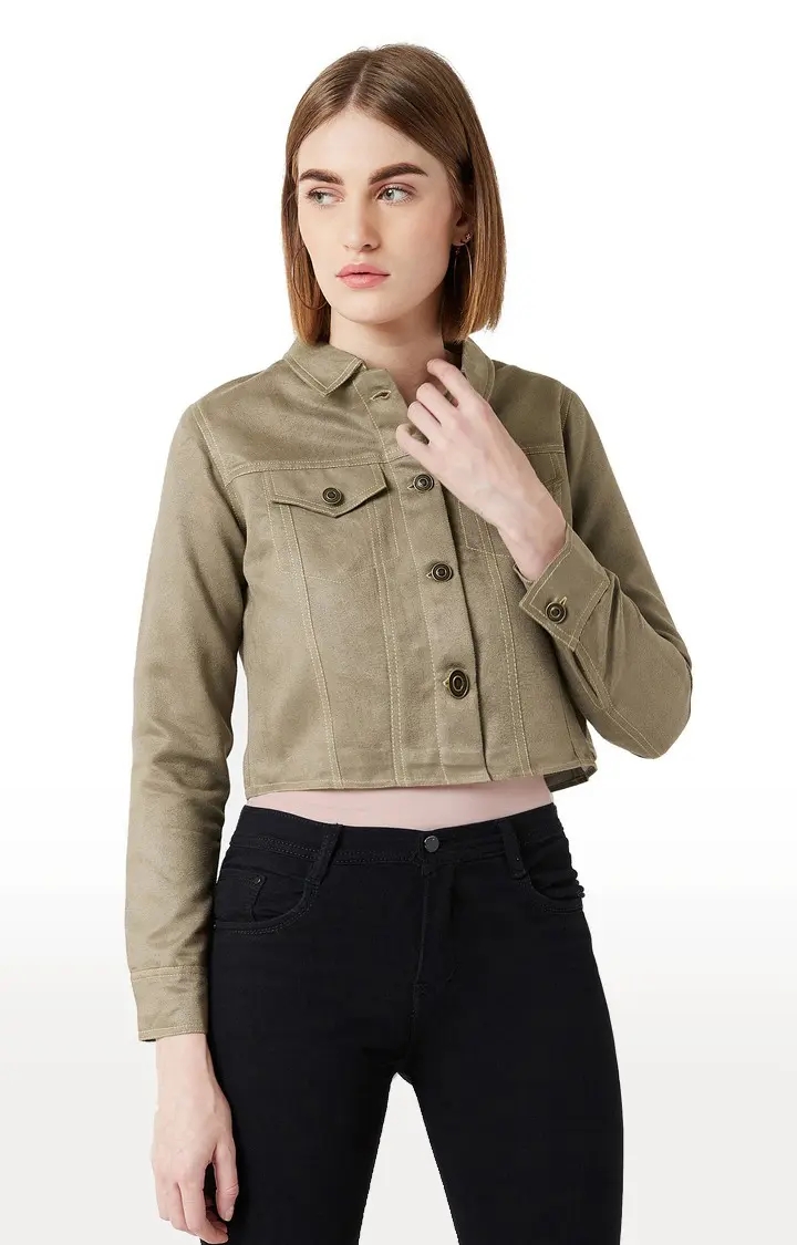 MISS CHASE | Women's Green Polyester SolidCasualwear Western Jackets