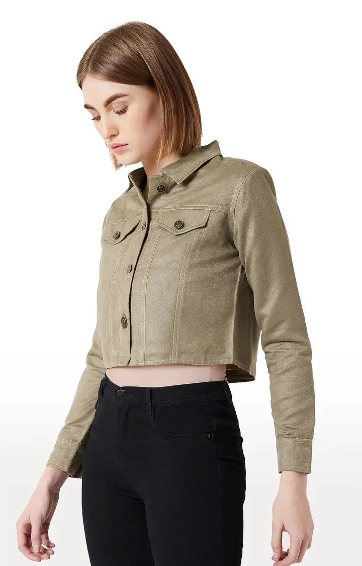 Women's Green Polyester SolidCasualwear Western Jackets