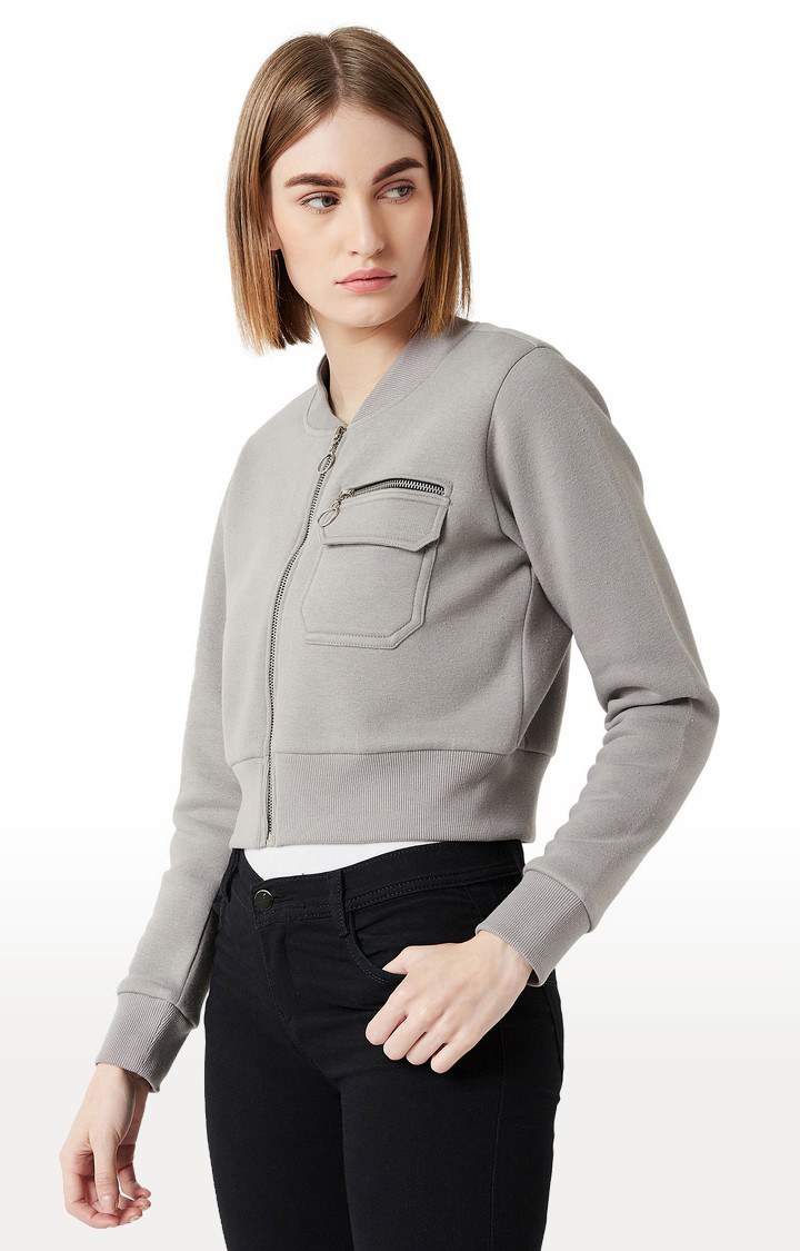 Women's Grey Cotton SolidCasualwear Front Open Jackets