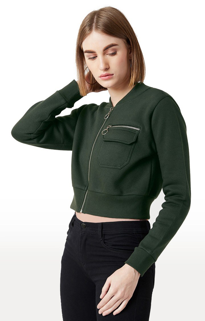 Women's Green Cotton SolidCasualwear Front Open Jackets