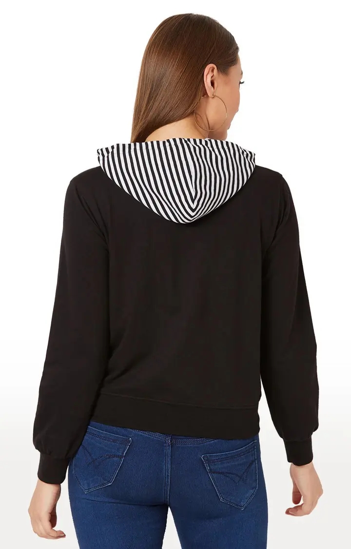 Women's Black Cotton StripedCasualwear Hoodies