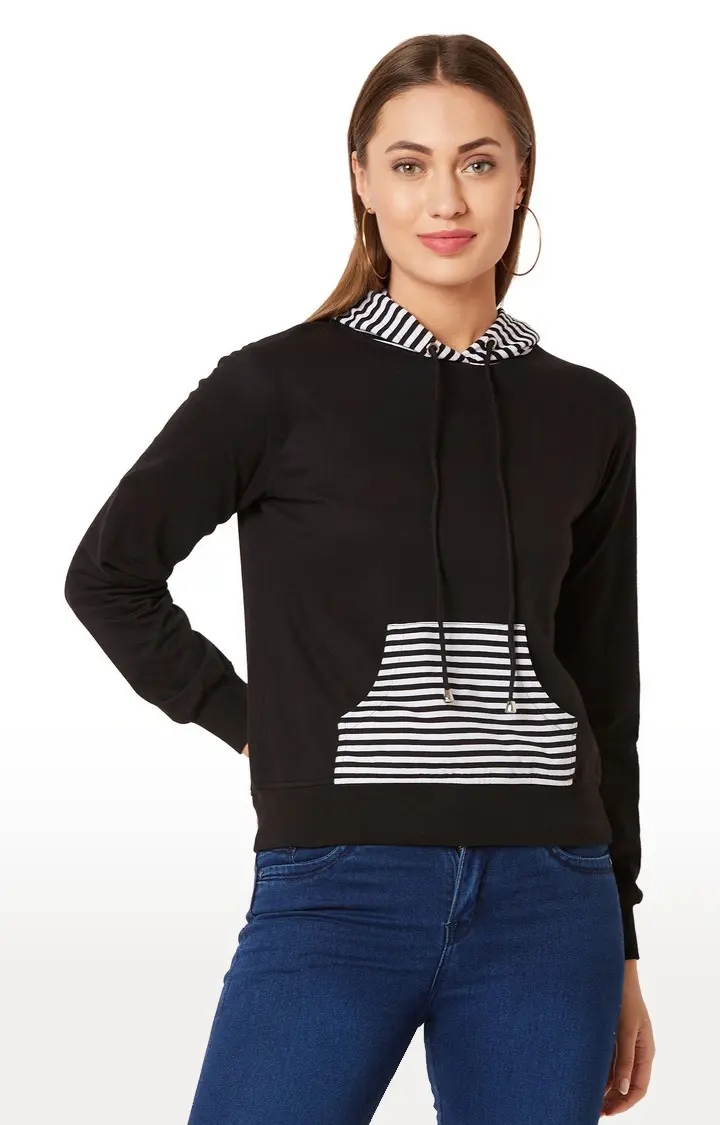 MISS CHASE | Women's Black Cotton StripedCasualwear Hoodies