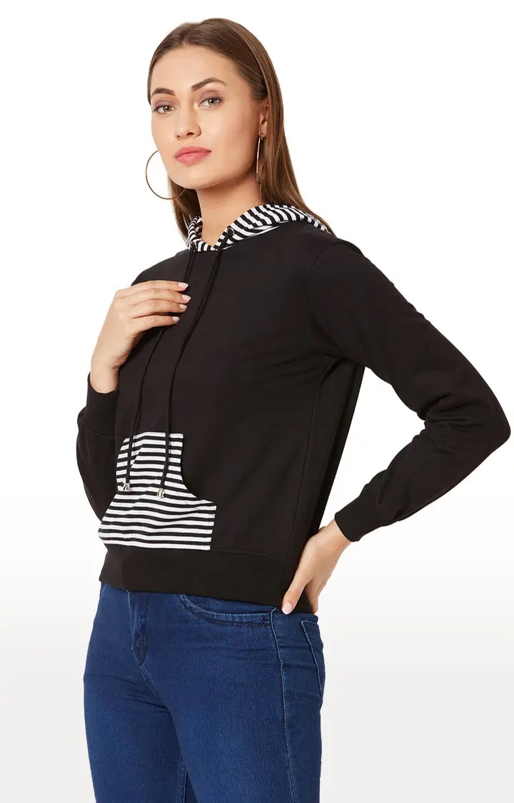 Women's Black Cotton StripedCasualwear Hoodies