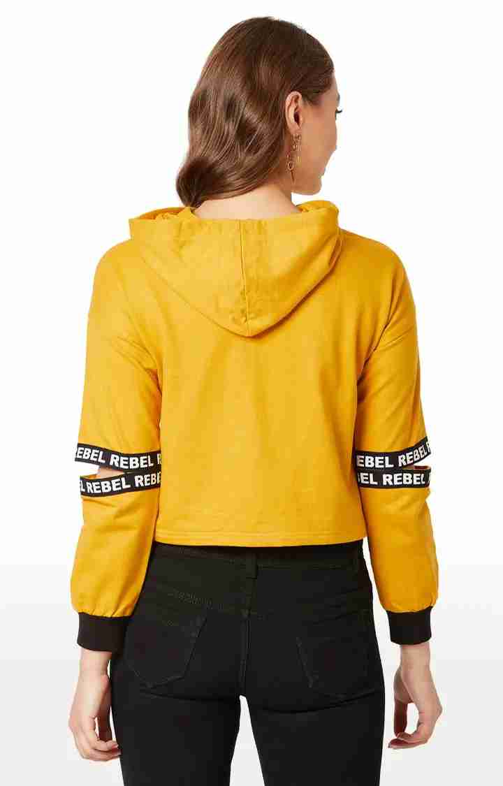 Women's Yellow Cotton SolidStreetwear Hoodies