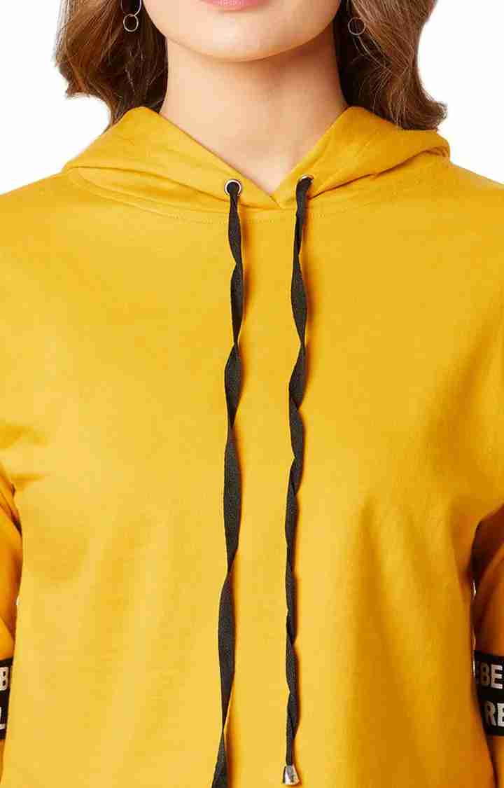 Women's Yellow Cotton SolidStreetwear Hoodies