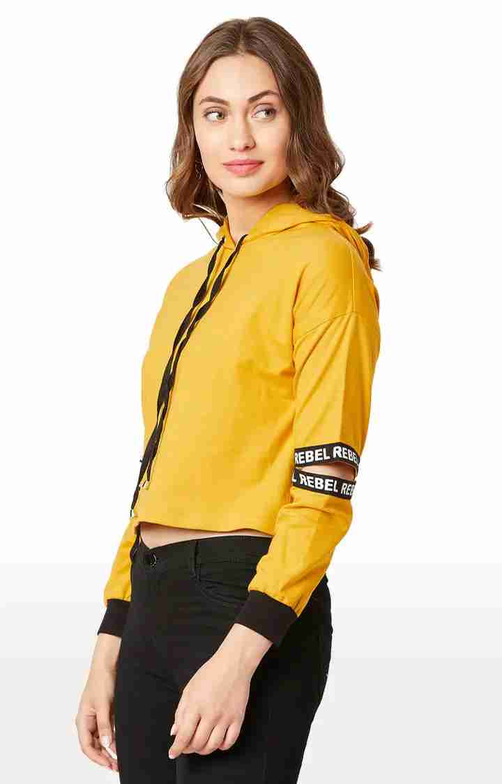 Women's Yellow Cotton SolidStreetwear Hoodies