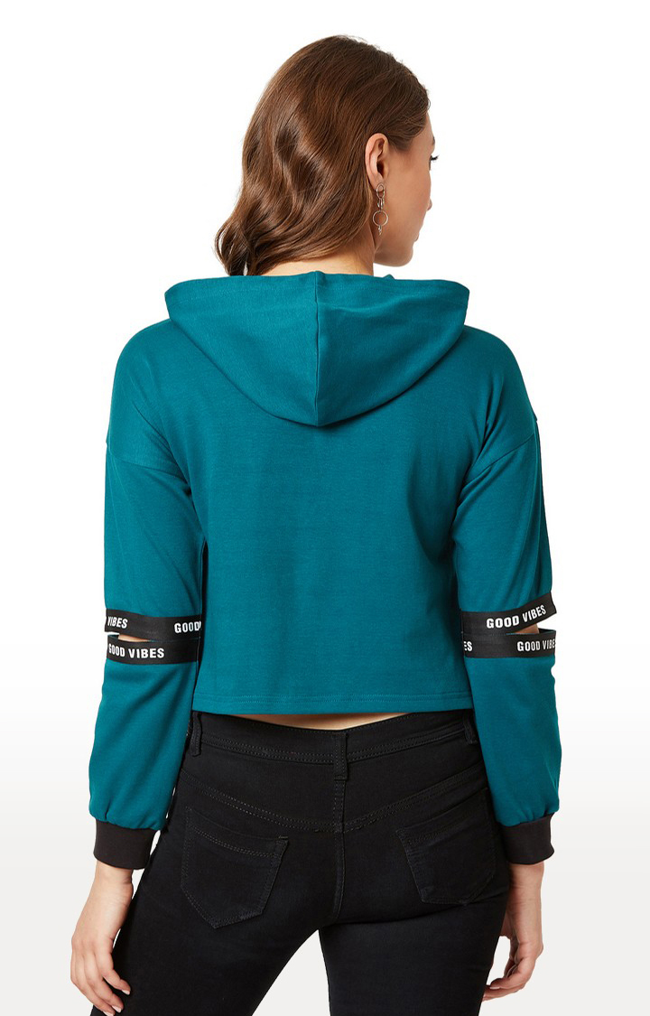 Women's Blue Cotton SolidStreetwear Hoodies